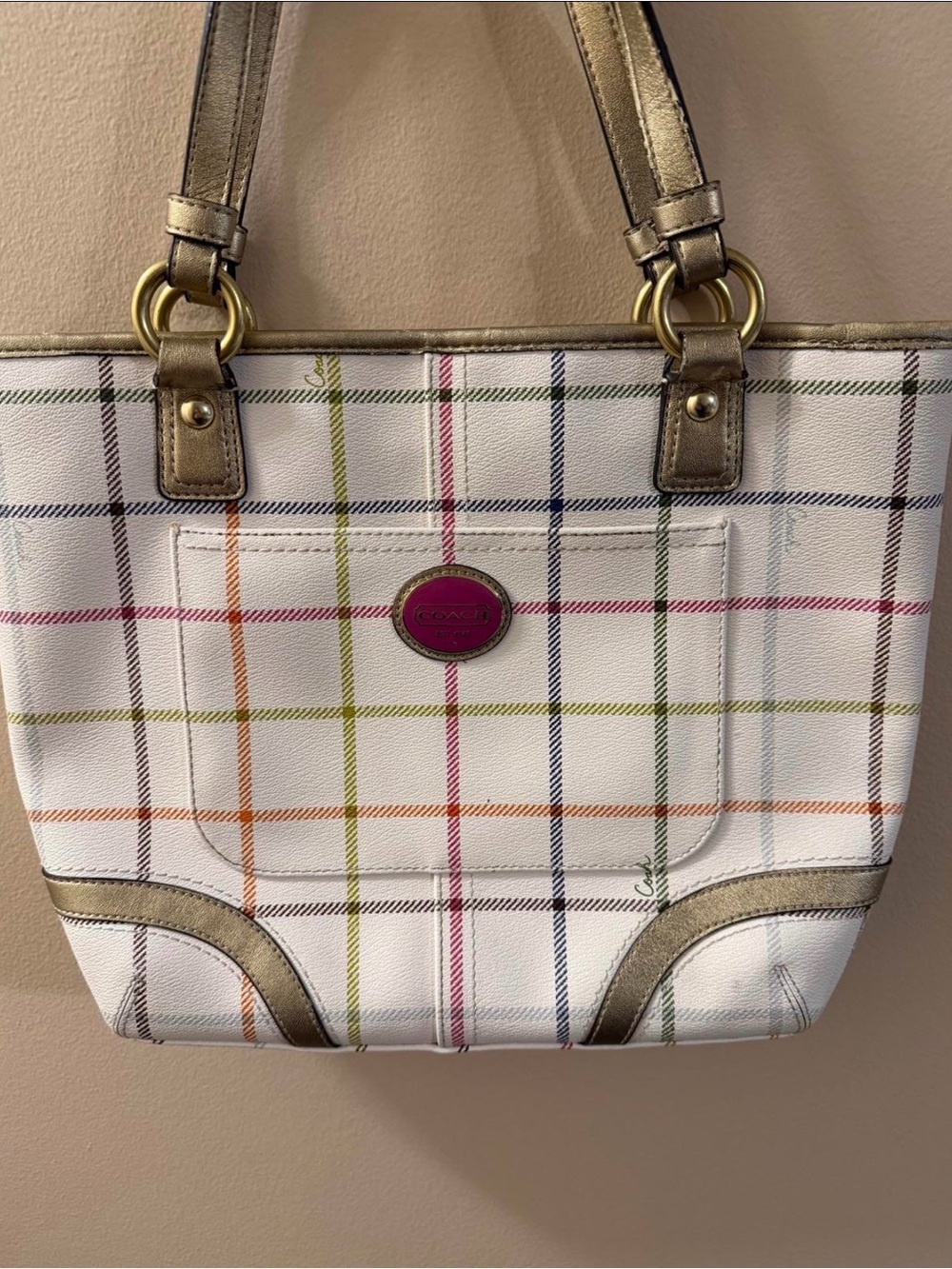 Coach 2012 White Tattersall Signature Tote with Gold Trim - Picture 3 of 7